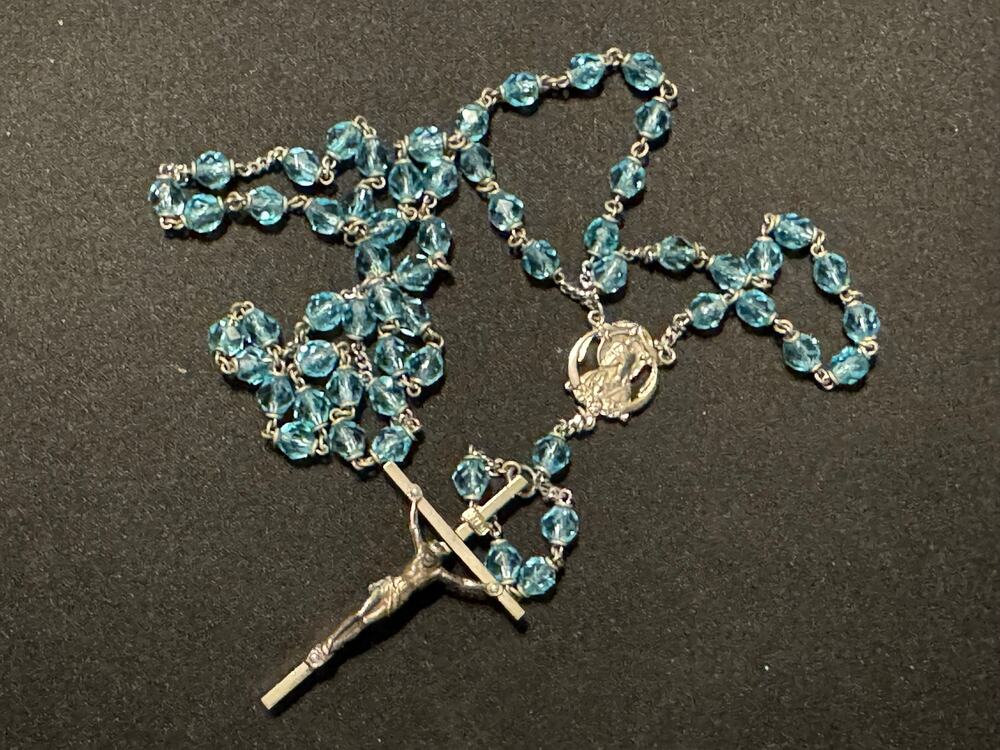 Christian Jesus 14in Necklace. Light Blue beads silver tone chain